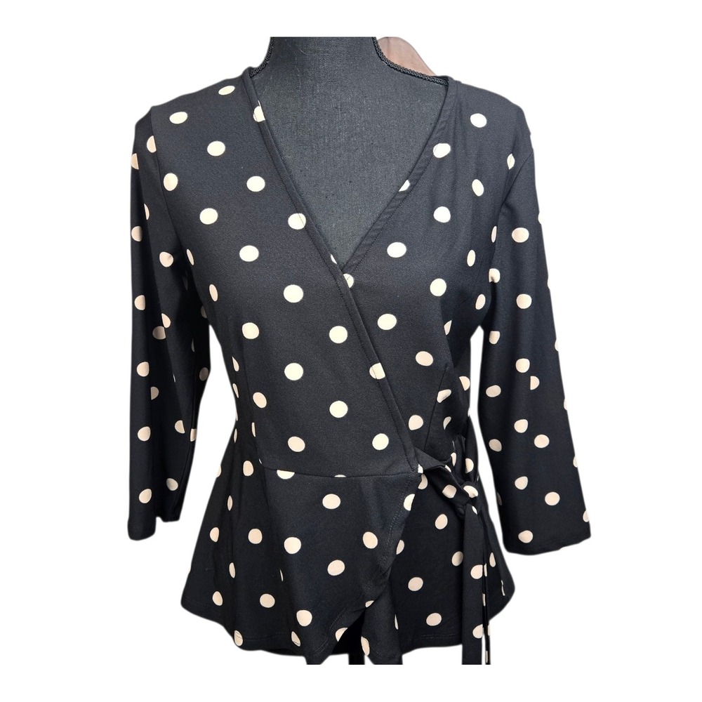 AUW Wrap Peplum Top Womens Small Black Polka Dot 3/4 Sleeve V-Neck Blouse